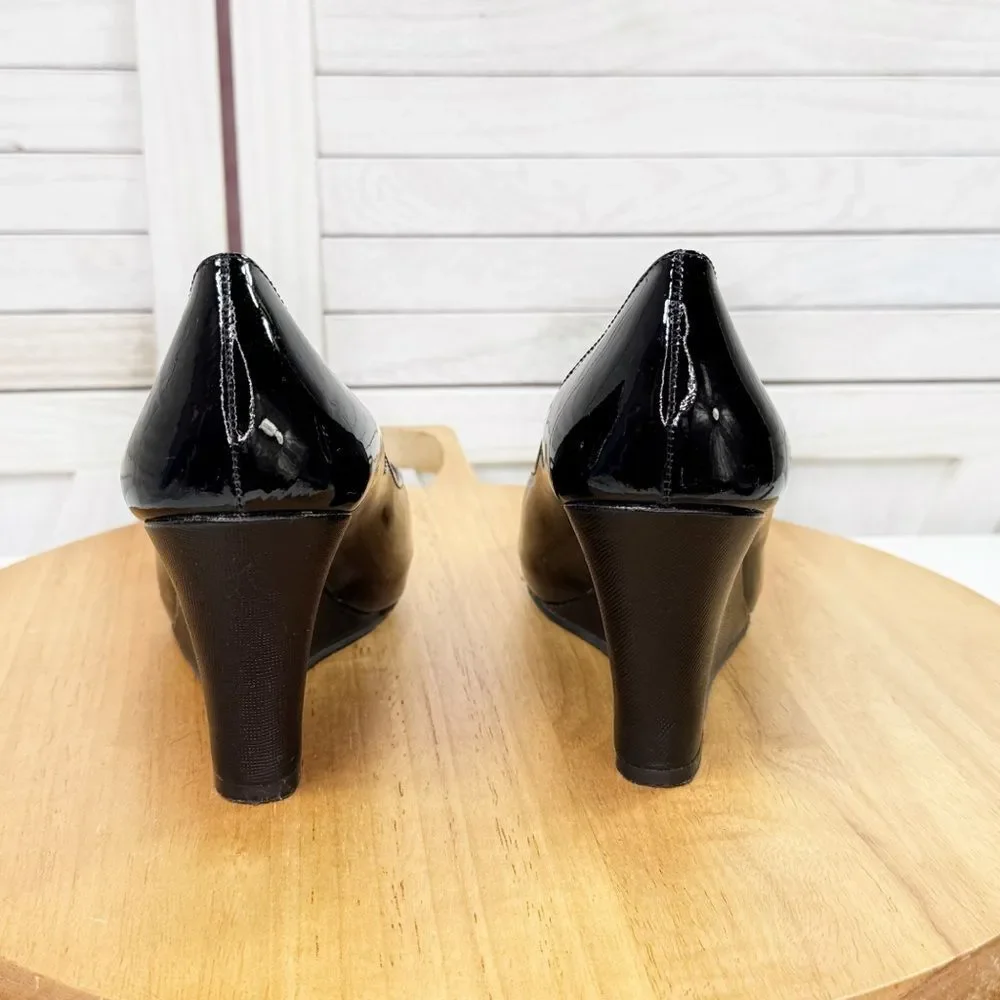 Lilly Pulitzer Patent Leather Peep Toe Wedge Heels Black 36.5 US‎ 6